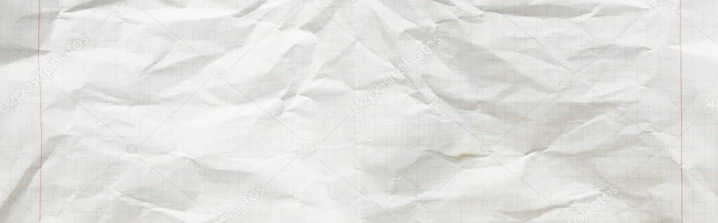 top view of empty crumpled paper white texture, panoramic shot