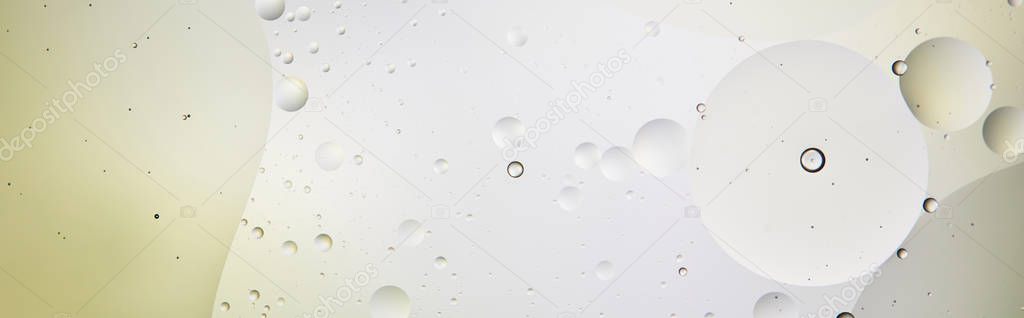 panoramic shot of abstract light green and grey color background from mixed water and oil bubbles 