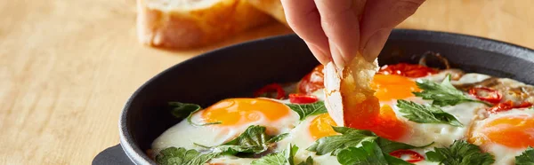 Cropped View Eating Fried Eggs Bread Wooden Table Panoramic Shot — Stock Photo, Image