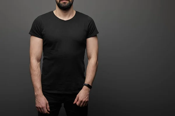 Cropped View Bearded Man Blank Basic Black Shirt Black Background — Stock Photo, Image