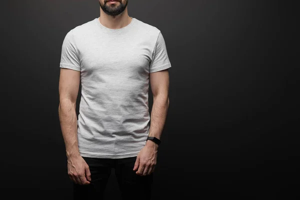 Cropped View Bearded Man Blank Basic Grey Shirt Isolated Black — Stock Photo, Image