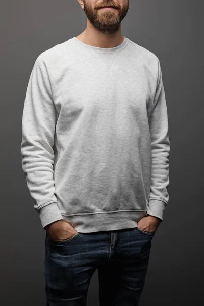 Cropped View Bearded Man Blank Basic Grey Sweatshirt Hands Pockets — Stock Photo, Image