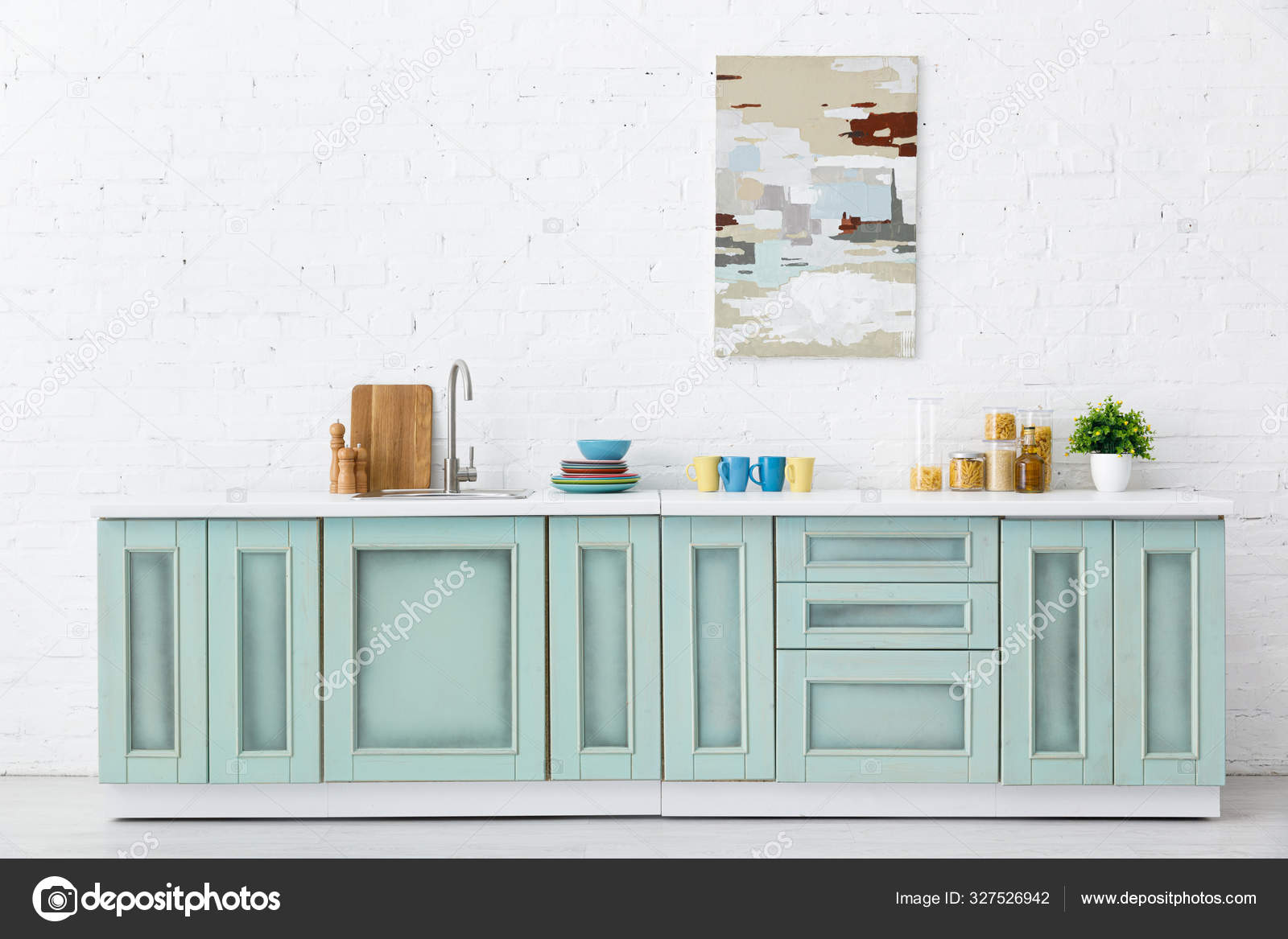 White Turquoise Kitchen Interior Kitchenware Abstract