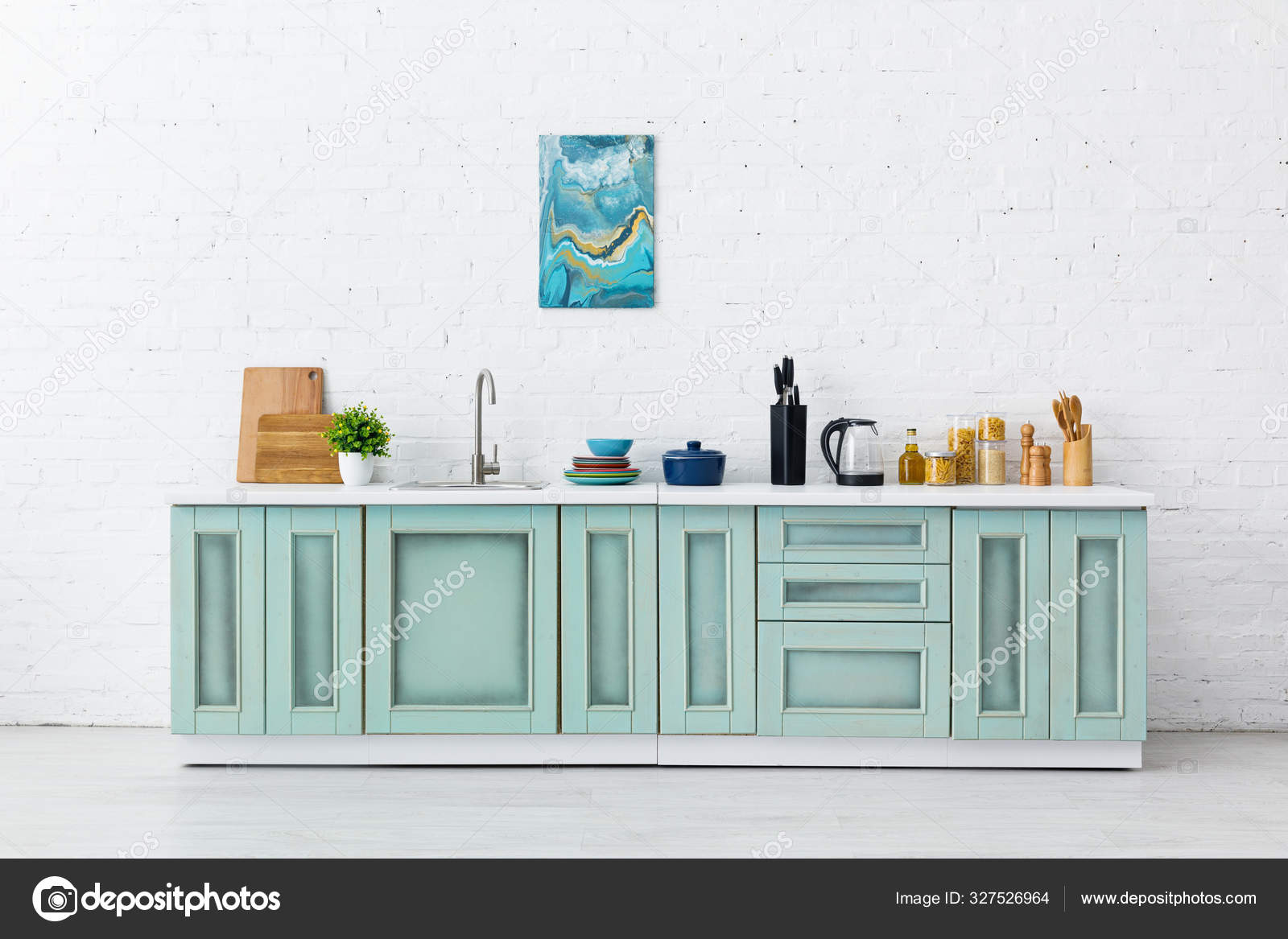 White Turquoise Kitchen Interior Kitchenware Abstract