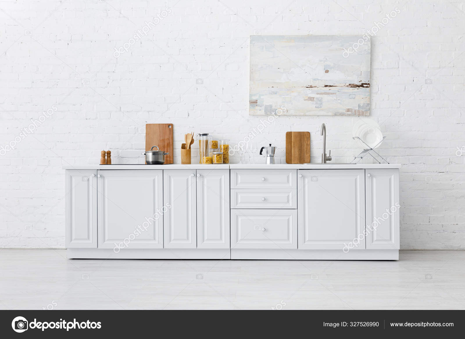 Minimalistic White Kitchen Interior Kitchenware Painting
