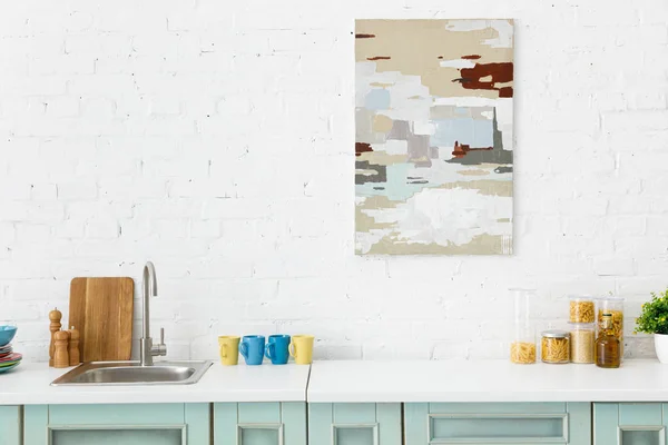 Modern White Turquoise Kitchen Interior Kitchenware Abstract Painting Brick Wall — Stock Photo, Image