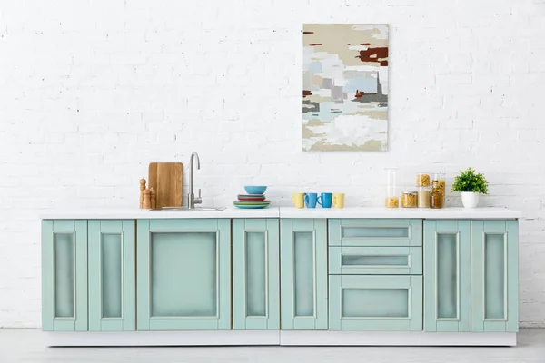 White Turquoise Kitchen Interior Kitchenware Abstract Painting Brick Wall — Stock Photo, Image