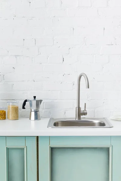 Modern White Turquoise Kitchen Interior Kitchenware Sink Brick Wall — Stock Photo, Image