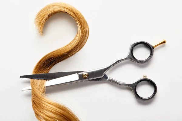 Draufsicht Auf Strähne Braune Haare Mit Schere Auf Weißem Hintergrund — Stockfoto