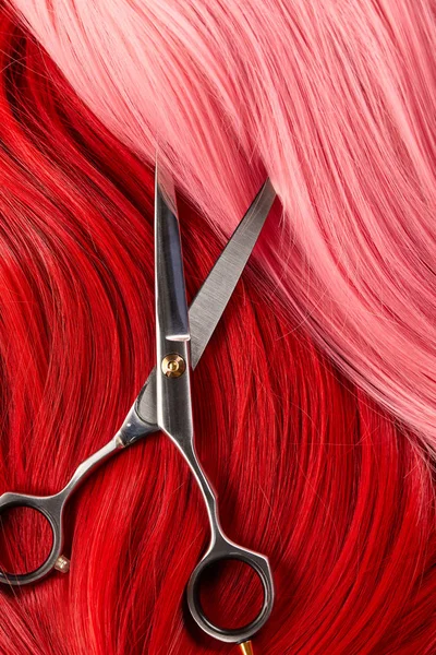 Top View Scissors Colored Pink Red Hair — Stock Photo, Image