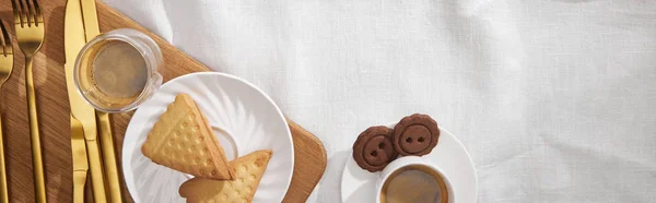 Top View Coffee Cookies Cutlery Cutting Board White Cloth Panoramic — Stock Photo, Image