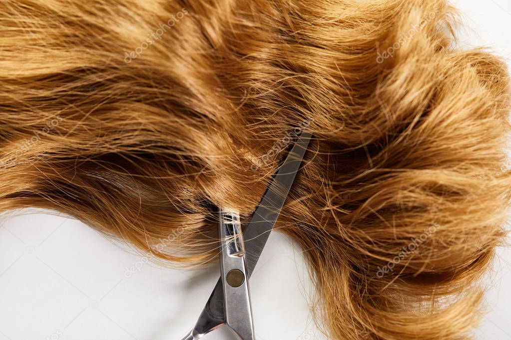 Top view of scissors and wavy brown hair on white background