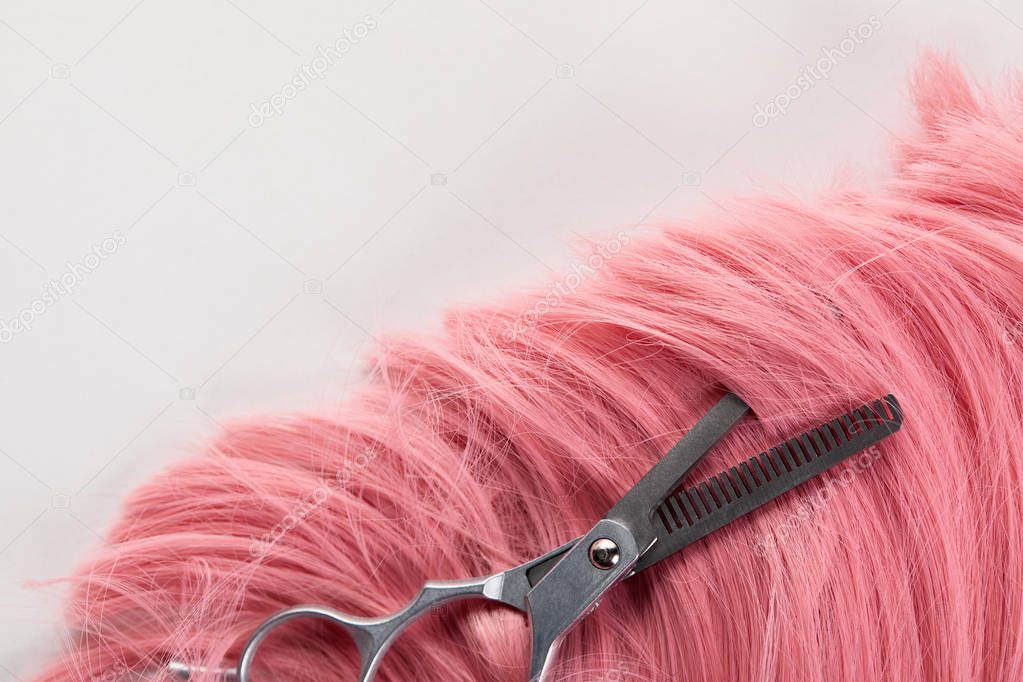 Top view of scissors on pink hair isolated on white