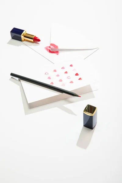 Greeting Card Hearts Envelope Lip Print Lipstick Pencil White Background — 스톡 사진