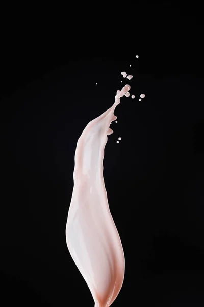 Λείο Φρέσκο Ροζ Γάλα Βουτιά Σταγόνες Που Απομονώνονται Μαύρο — Φωτογραφία Αρχείου