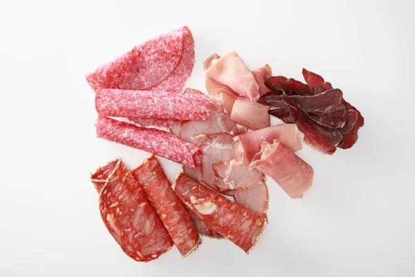 Top View Fresh Delicious Assorted Sliced Meat Isolated White — 스톡 사진