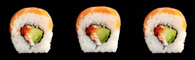 fresh delicious Philadelphia sushi with avocado, creamy cheese, salmon and masago caviar isolated on black, panoramic shot clipart