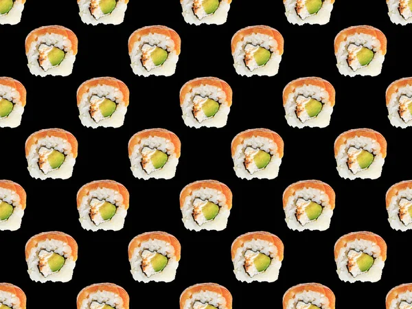 Patrón Sin Costuras Delicioso Sushi Filadelfia Con Salmón Aislado Negro — Foto de Stock