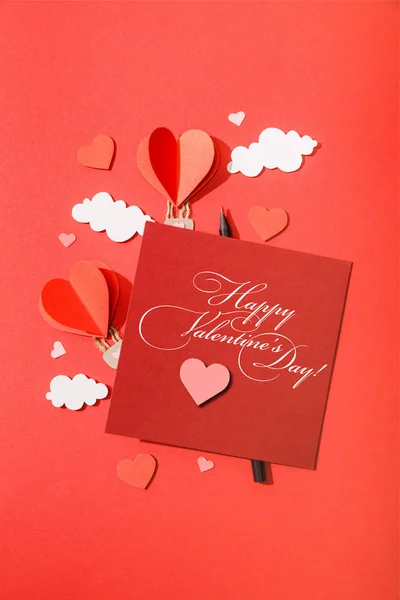 Top View Paper Heart Shaped Air Balloons Clouds Card Happy — Stock Photo, Image