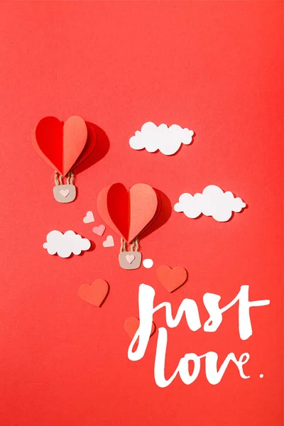 Top View Paper Heart Shaped Air Balloons Clouds Just Love — Stock Photo, Image