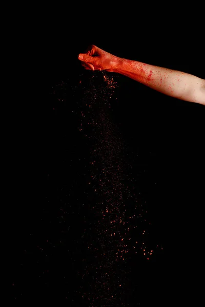 Female Hand Red Colorful Holi Paint Powder Black Background — Stock Photo, Image