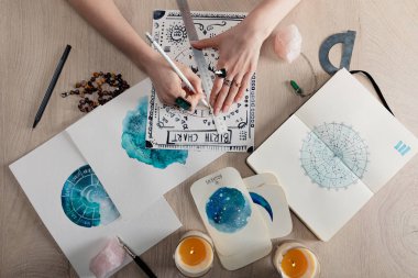 Astrologun doğum çizelgesini mumlarla, kristallerle ve masada suluboya resimlerle çizmesinin en üst görüntüsü 