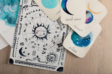 Top view of birth chart and cards with zodiac signs on wooden table clipart