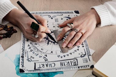 Astrolog çiziminin, masanın üzerine suluboya çizimlerle kırpılmış görüntüsü 