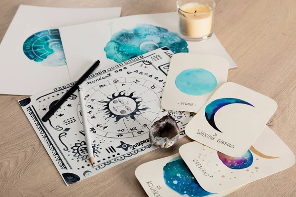 Selective Focus Birth Chart Cards Watercolor Drawings Moon Phases Candle — 스톡 사진