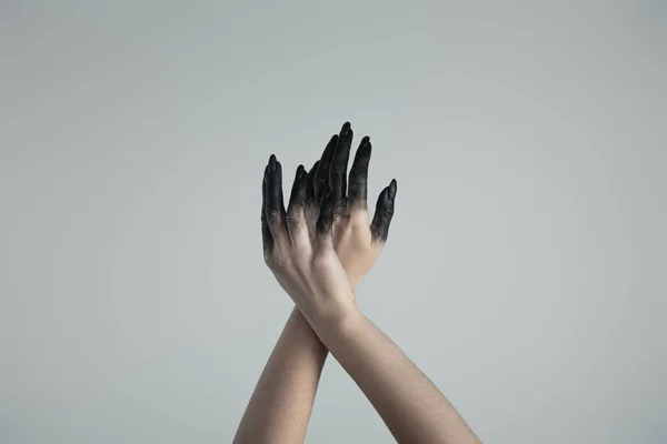 Cropped View Witch Hands Black Paint Isolated Grey — 스톡 사진