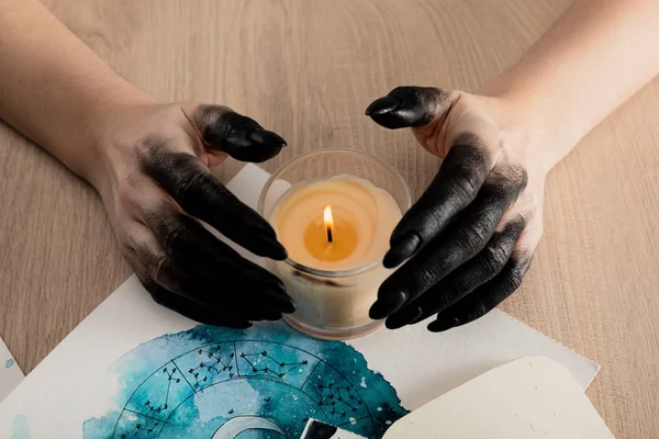 Cropped View Witch Black Paint Hands Holding Candle Cards Watercolor — 스톡 사진