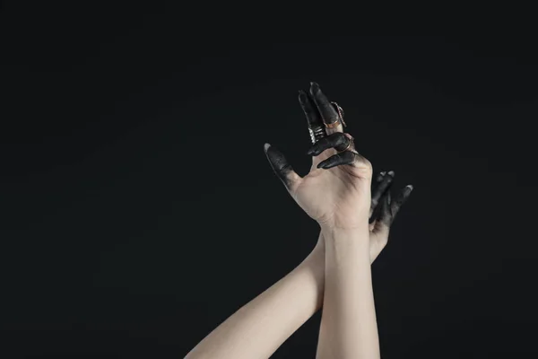 Cropped View Hands Witch Jewelry Rings Black Painted Fingers Isolated — 스톡 사진
