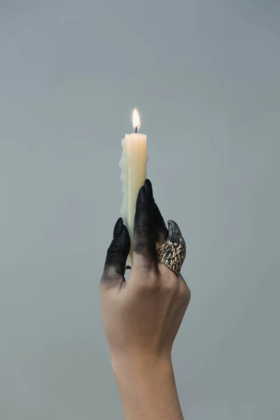 Cropped View Witch Black Dye Hand Holding Candle Isolated Grey — Stock Photo, Image