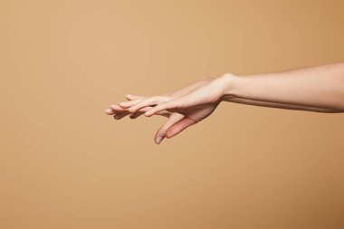 Bej rengi tenha kadın ellerinin kırpılmış görüntüsü
