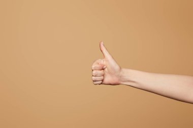cropped view of woman showing thumb up isolated on beige clipart