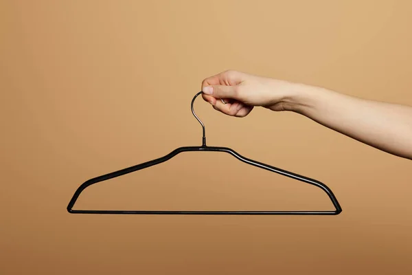 Cropped View Woman Holding Empty Hanger Isolated Beige — Stock Photo, Image