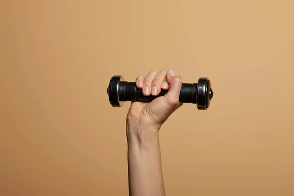 Cropped View Woman Holding Dumbbell Isolated Beige — 스톡 사진