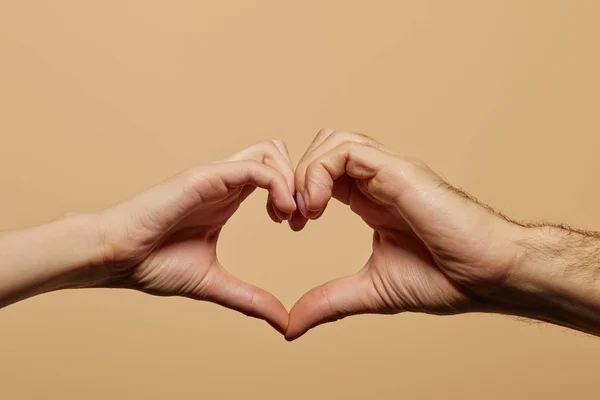 Cropped View Man Woman Showing Heart Gesture Isolated Beige — Stock Photo, Image