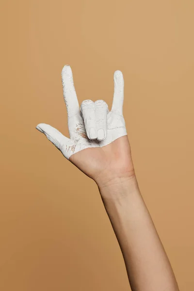 Cropped View Woman White Painted Hand Showing Rock Gesture Isolated — 스톡 사진