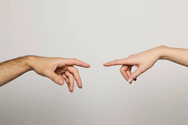 Vue Recadrée Homme Femme Atteindre Pour Autre Isolé Sur Blanc — Photo