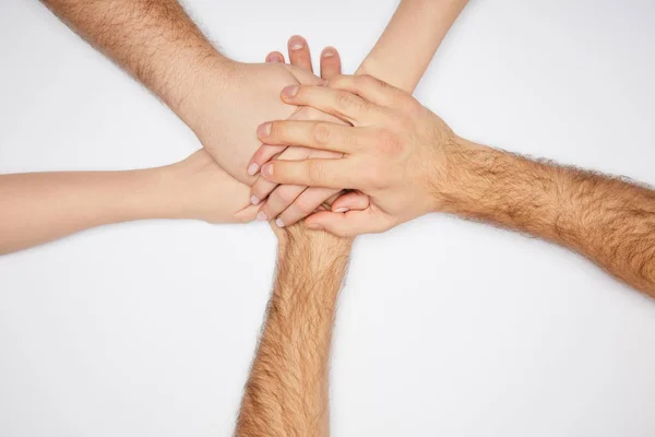 Vista Dall Alto Uomini Donne Che Tengono Mano Isolati Bianco — Foto Stock