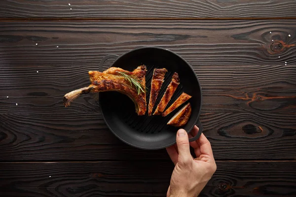 Top View Man Holding Frying Pan Delicious Ribeye Steak Wooden — 스톡 사진