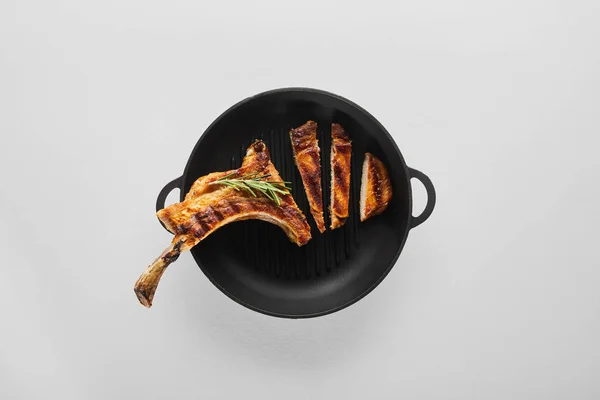 Top View Sliced Ribeye Steak Frying Pan White Background — Stock Photo, Image