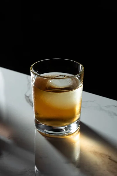 Frozen Ice Cube Glass Strong Whiskey Isolated Black — Stock Photo, Image