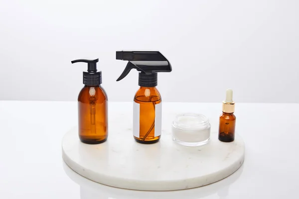 Dispenser Bottles Oil Cosmetic Cream Stand Isolated Grey — 스톡 사진