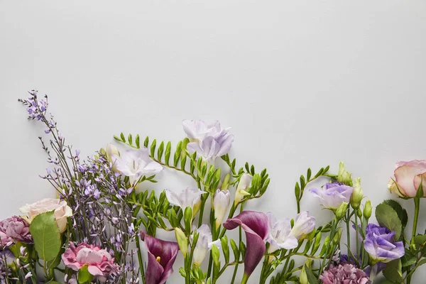 白色背景的紫色和紫色花朵的顶部视图 — 图库照片