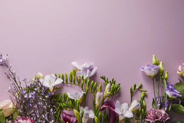Bovenaanzicht Van Prachtige Bloemen Violette Achtergrond Met Kopieerruimte — Stockfoto
