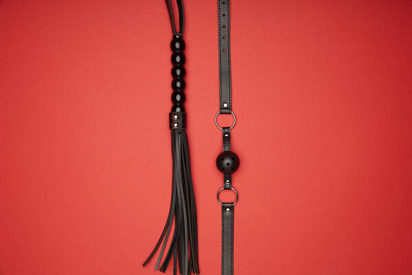 top view of black gag and flogging whip isolated on red