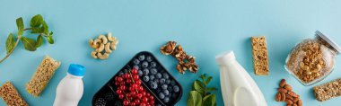Top view of container with berries, bottles of yogurt and milk, jar of granola, nuts, cereal bars on blue background, panoramic shot clipart