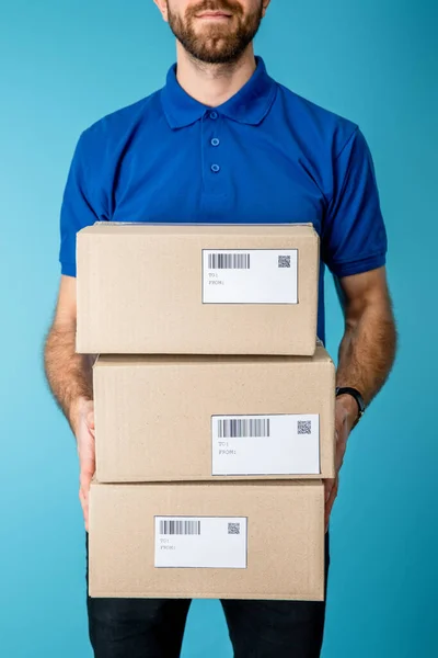 Cropped View Courier Holding Cardboard Boxes Codes Barcodes Cards Isolated — Stock Photo, Image